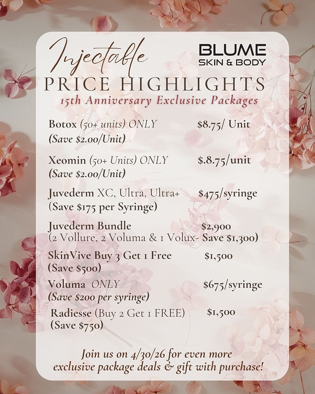 Injectable price highlights for anniversary packages