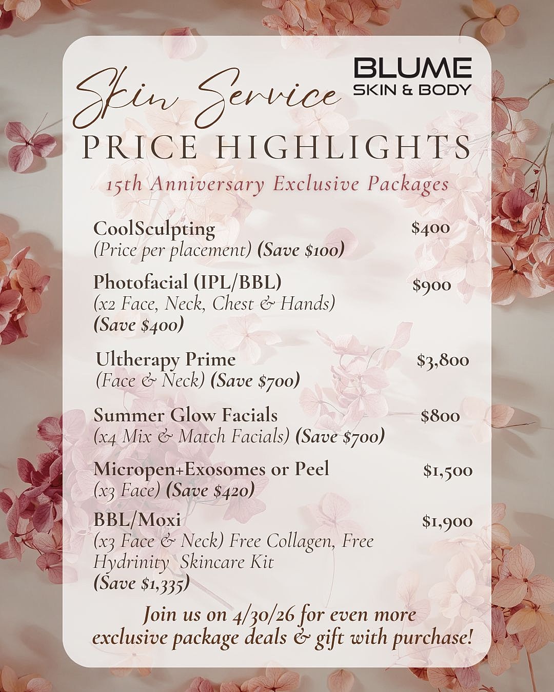 Skin service price highlights and anniversary packages.