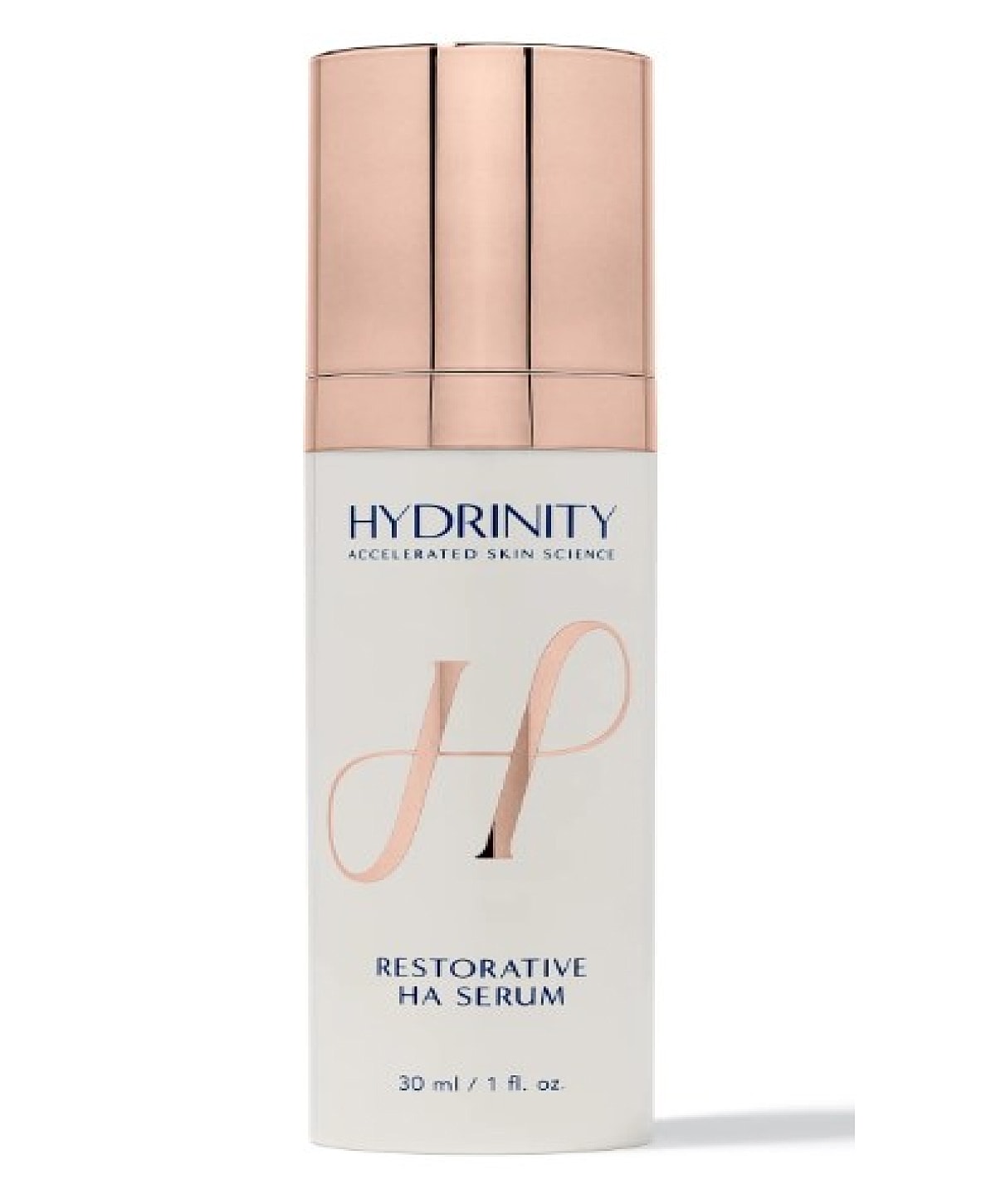 Restorative HA serum bottle with elegant packaging.