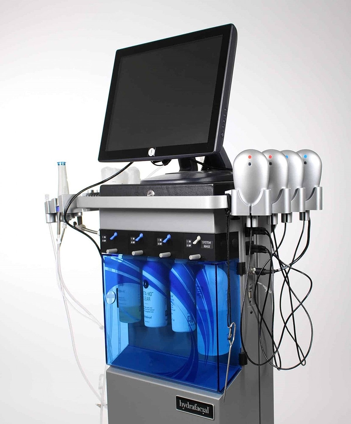 Hydrafacial machine with monitor and attachments.