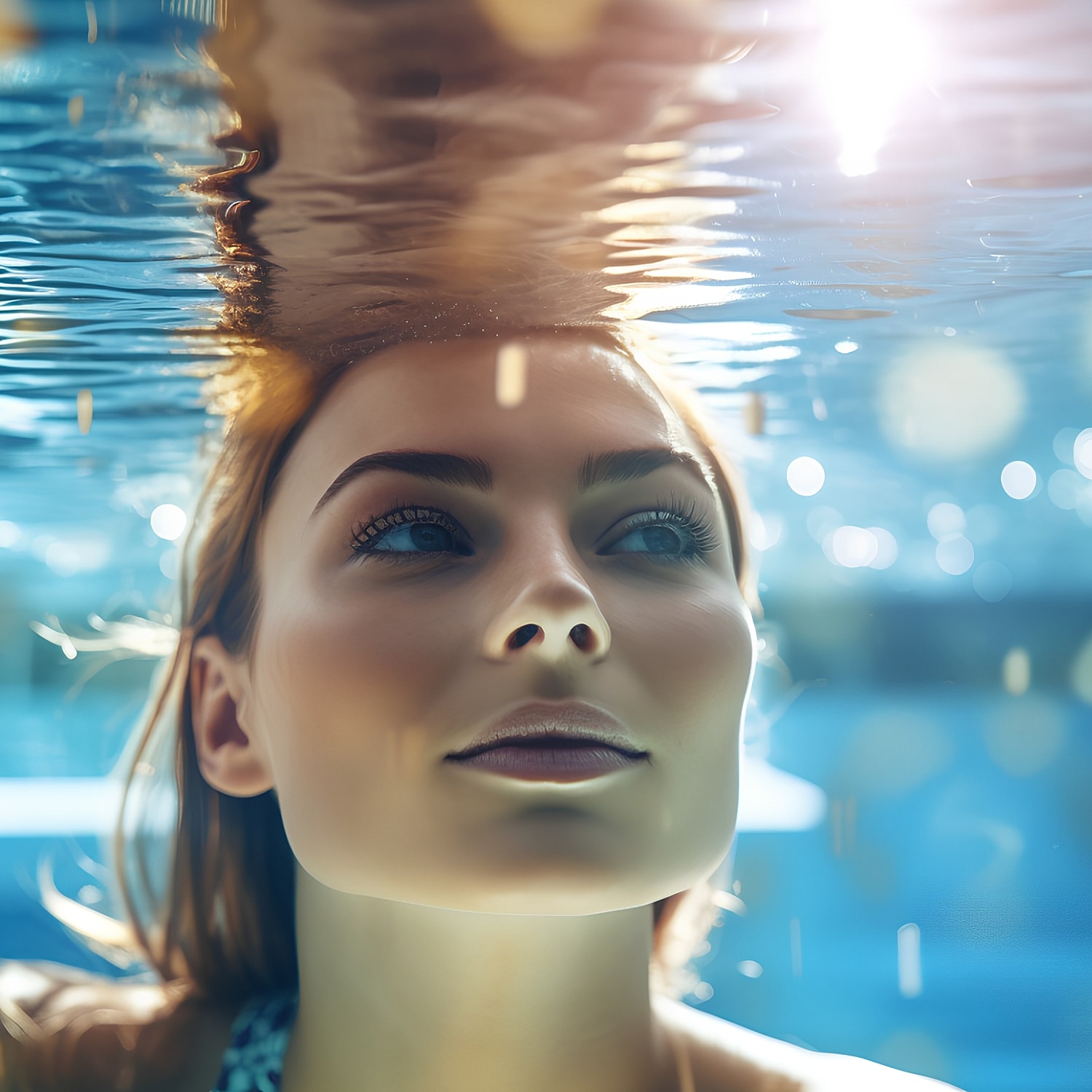 Woman's face partially submerged in water.
