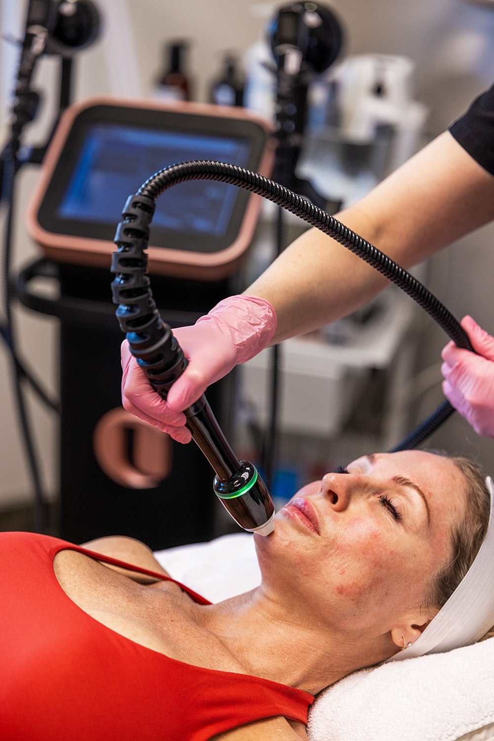 Facial treatment using a skincare device.