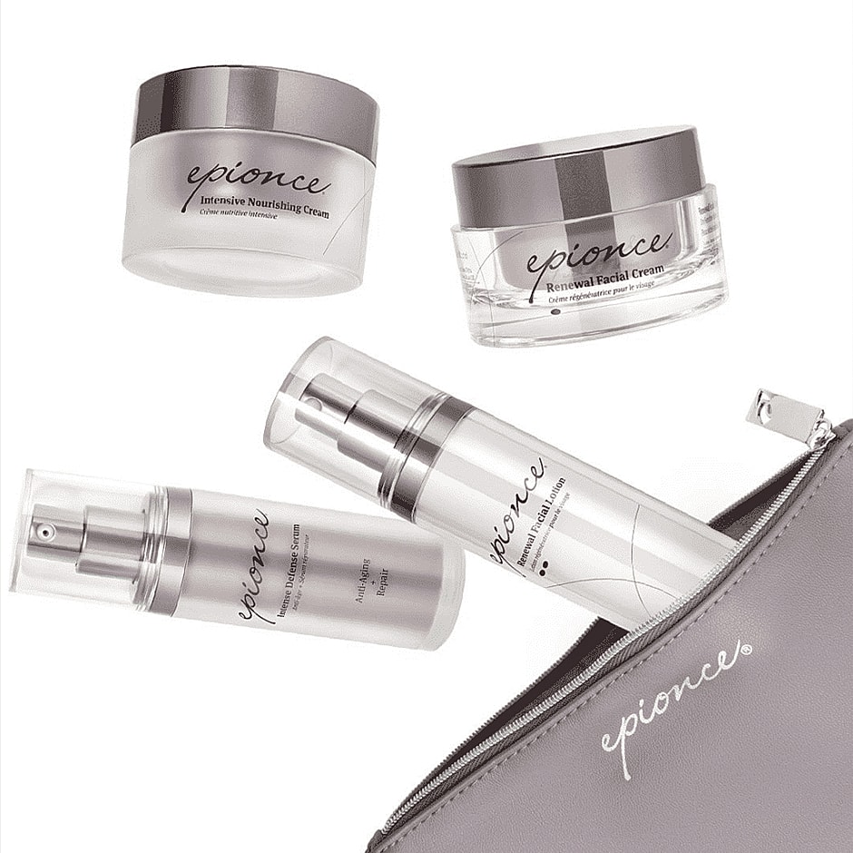 Epionce skincare products in a cosmetic pouch.