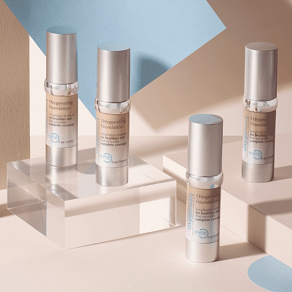 Oxygenating foundation bottles on display.