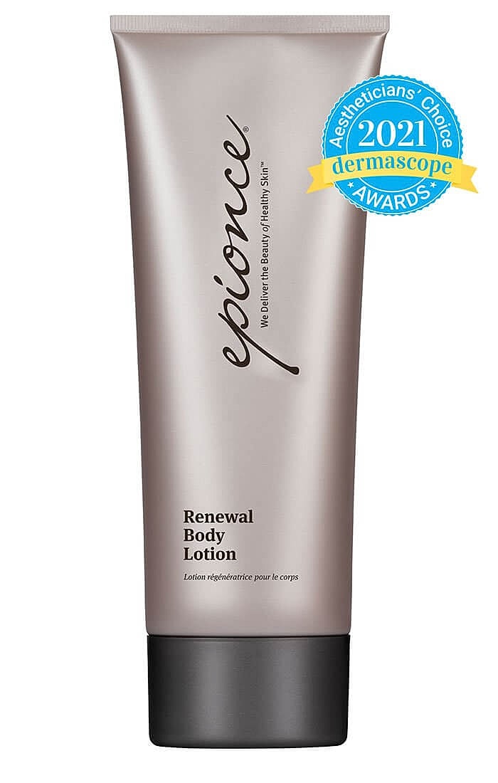 Epiance Renewal Body Lotion packaging and award badge.