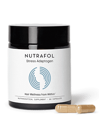 Nutrafol Stress Adaptogen hair supplement bottle and capsules