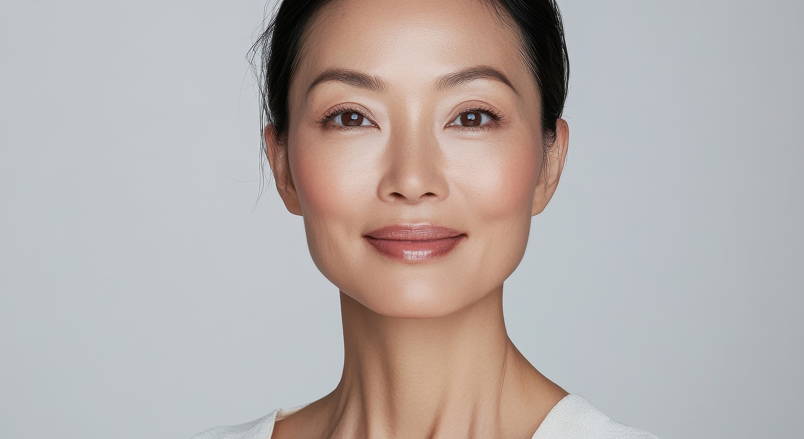 Smiling woman with natural makeup on neutral background.