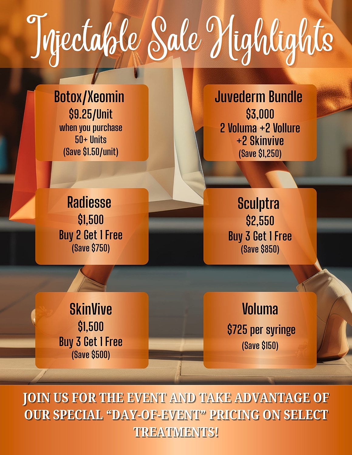 Injectable sale highlights with pricing details.