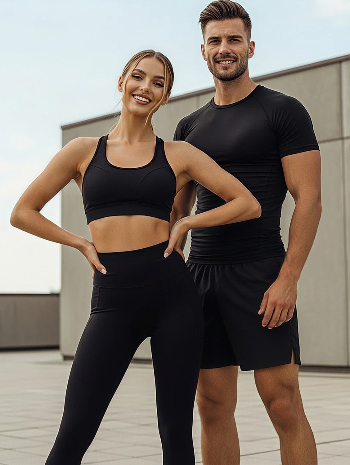 Scottsdale wellness center couple in black activewear outdoors, smiling together.